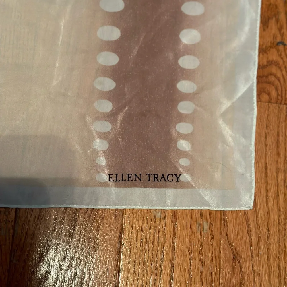 Vintage Ellen Tracy 100% Silk Sheer Scarf Beige Polka Dot Made In Korea 32”